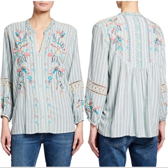 Johnny Was Lais Paris Effortless Striped Embroidered Blouse NWT New S - Picture 9 of 16